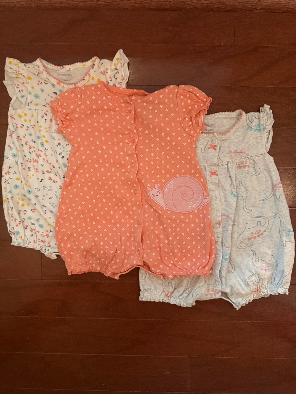 Carter’s 3 Pack of Baby Girl Rompers Coral, White, & Light Gray 3-6 months